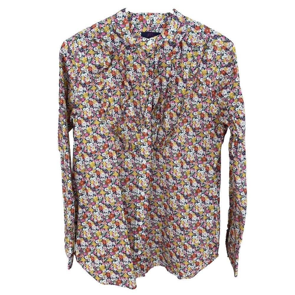 J Crew Liberty Fabric Libby Floral Ruffle Blouse Womens Small Band Collar Preppy